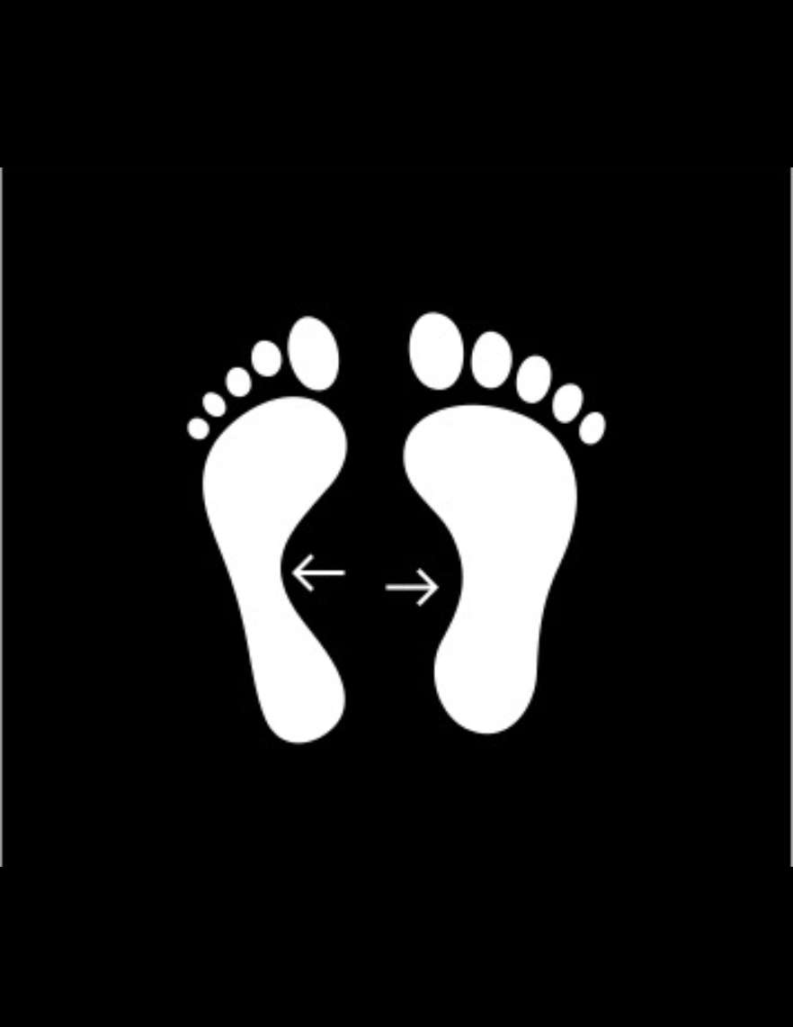 two white footprints, with arrows showing the one on the left is narrower with a deeper instep