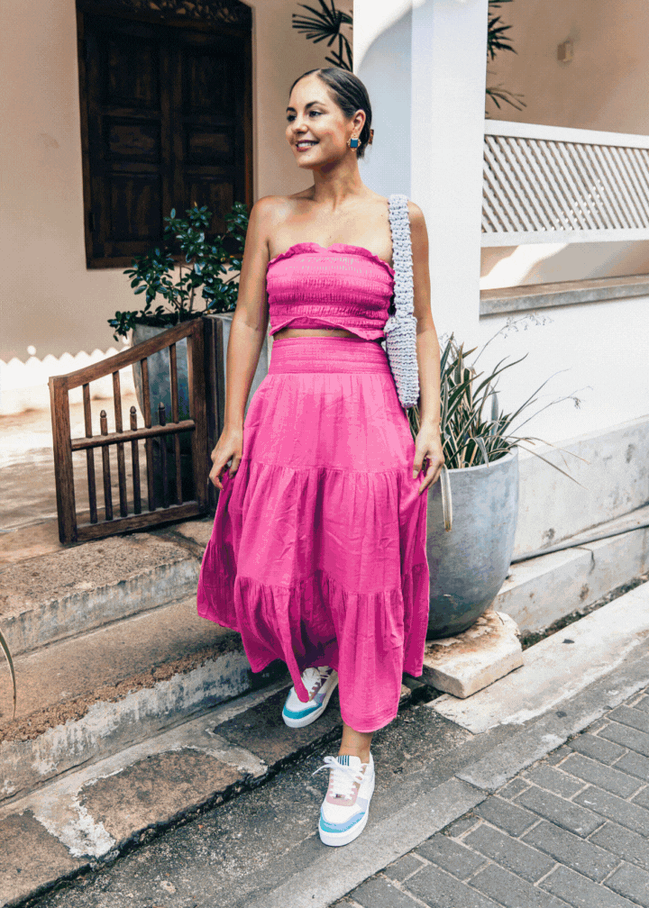Series of images of women wearing she wear shows.