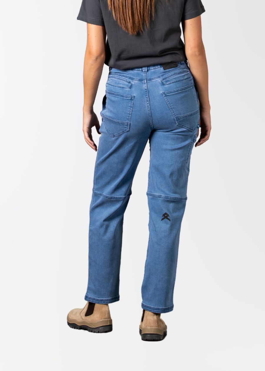 Rear view of a woman wearing straight leg blue jeans