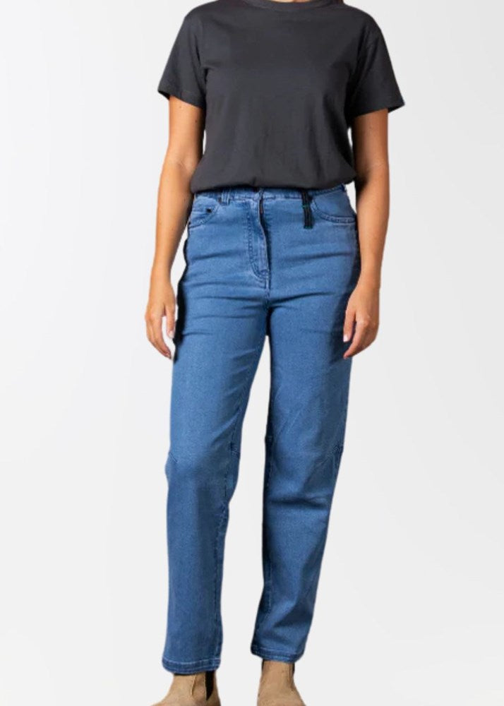 front view of stretchy blue denim jeans