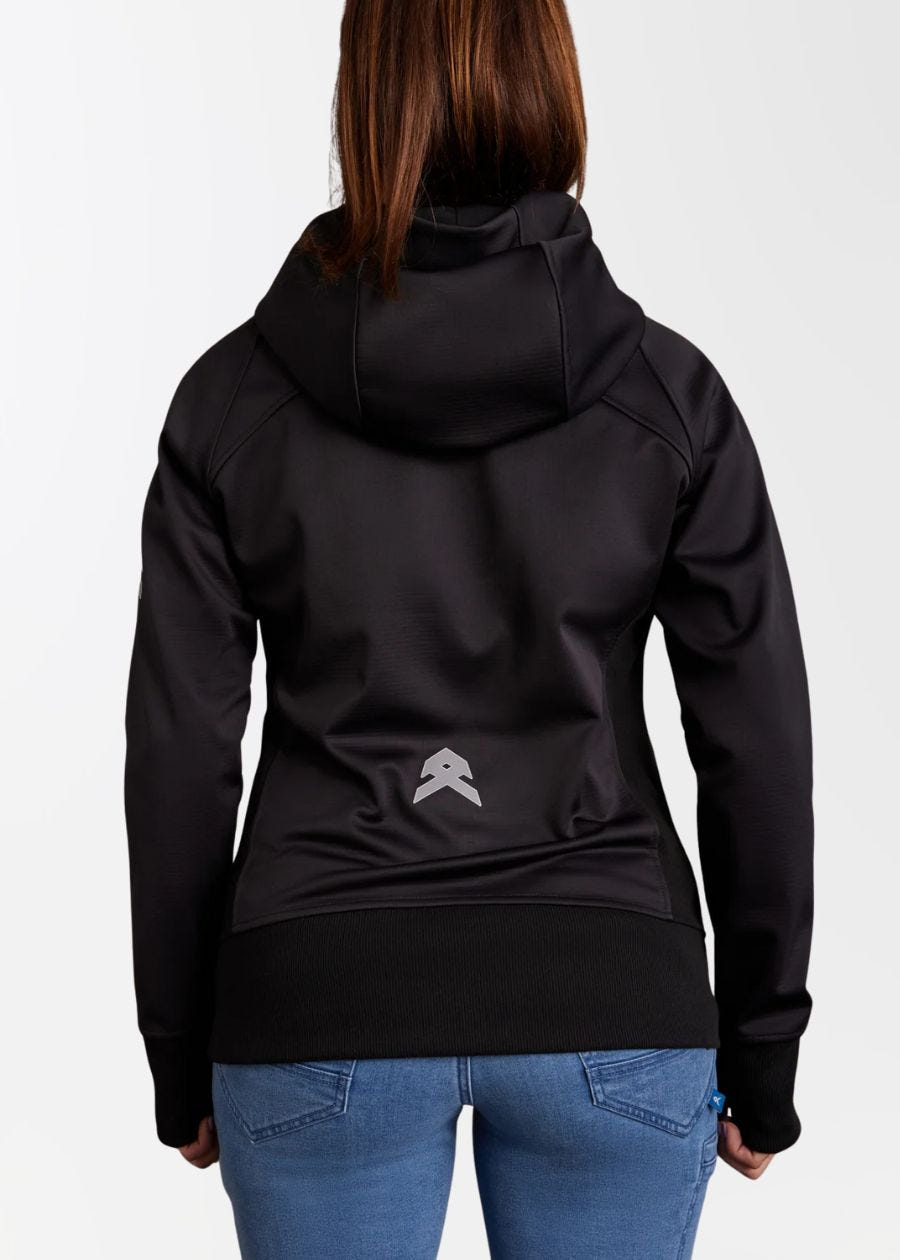 Back view of black long sleeve shell jacket with hoodie.