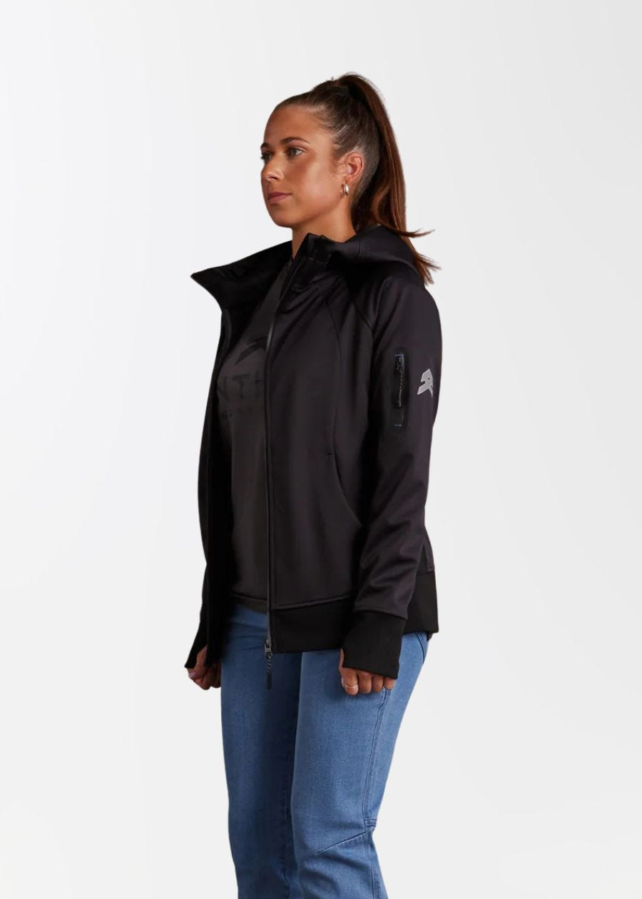 Side view of a black zip-up soft shell jacket featuring a zip-up pocket on upper left sleeve.