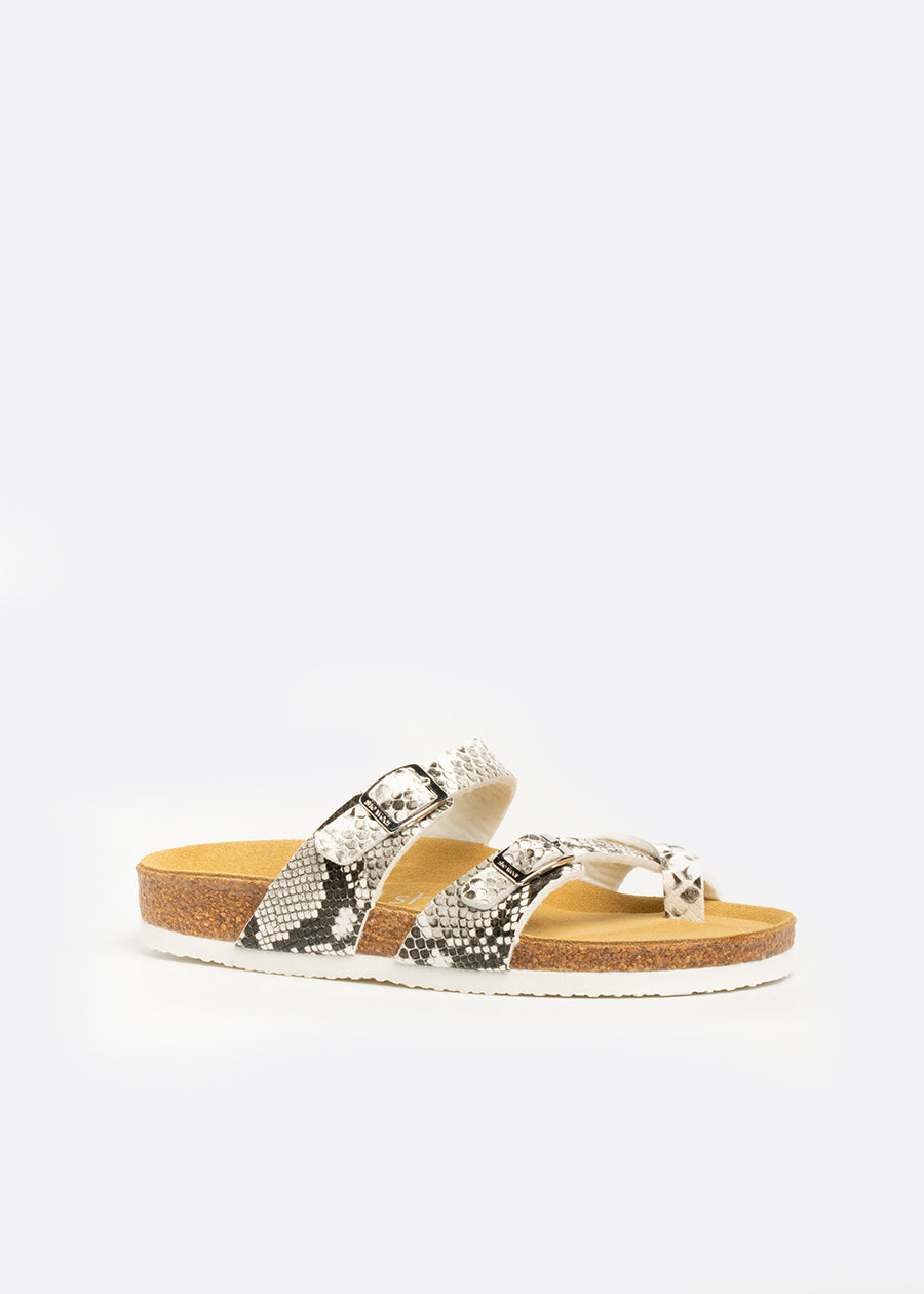 A cork sandal with Contoured leather footbed including arch support, toe grip & cradled heel