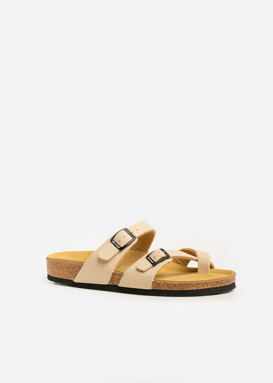 Tan cork leather slide with toe cross strap