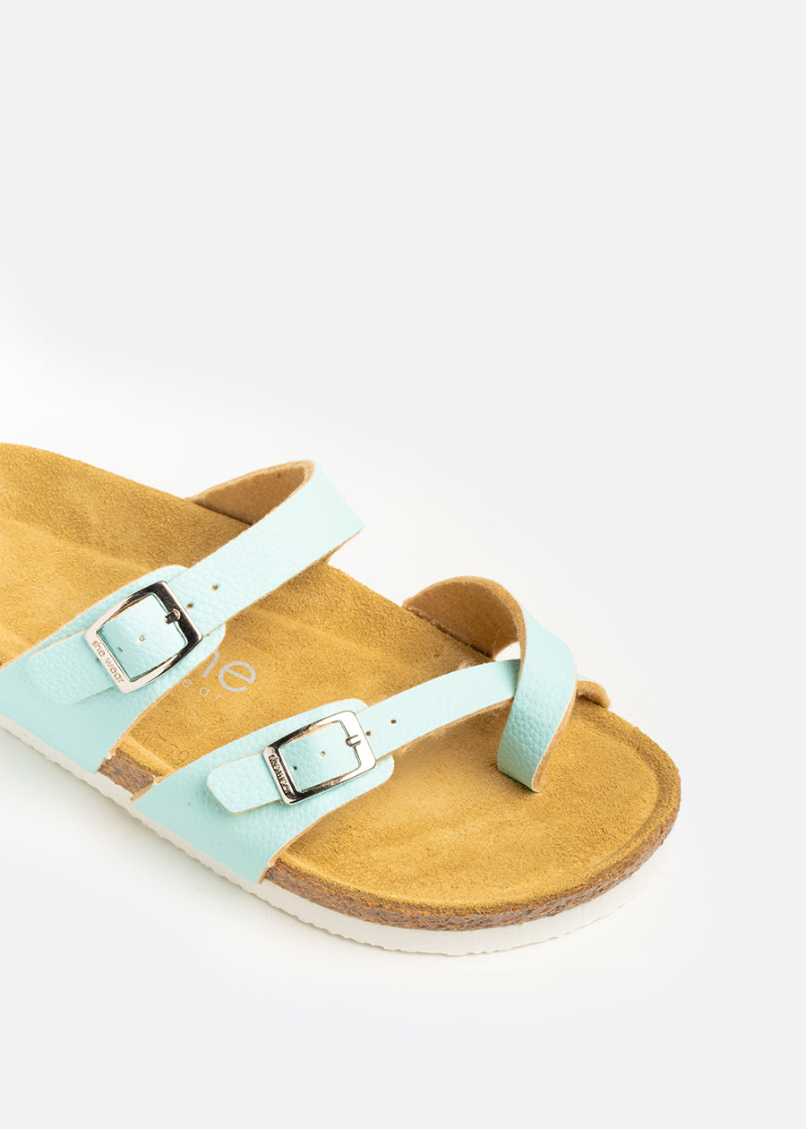 blue summer slide with metal buckles