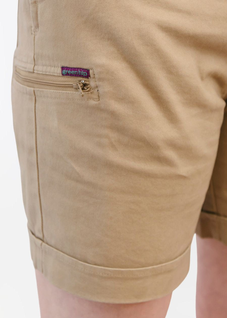 Close up of zip-up pocket on khaki short overalls.