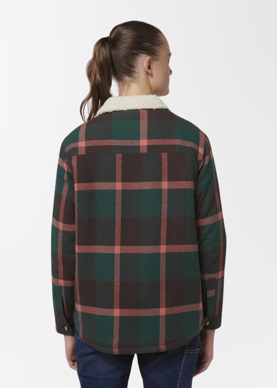 back of a winter jacket in green and red check