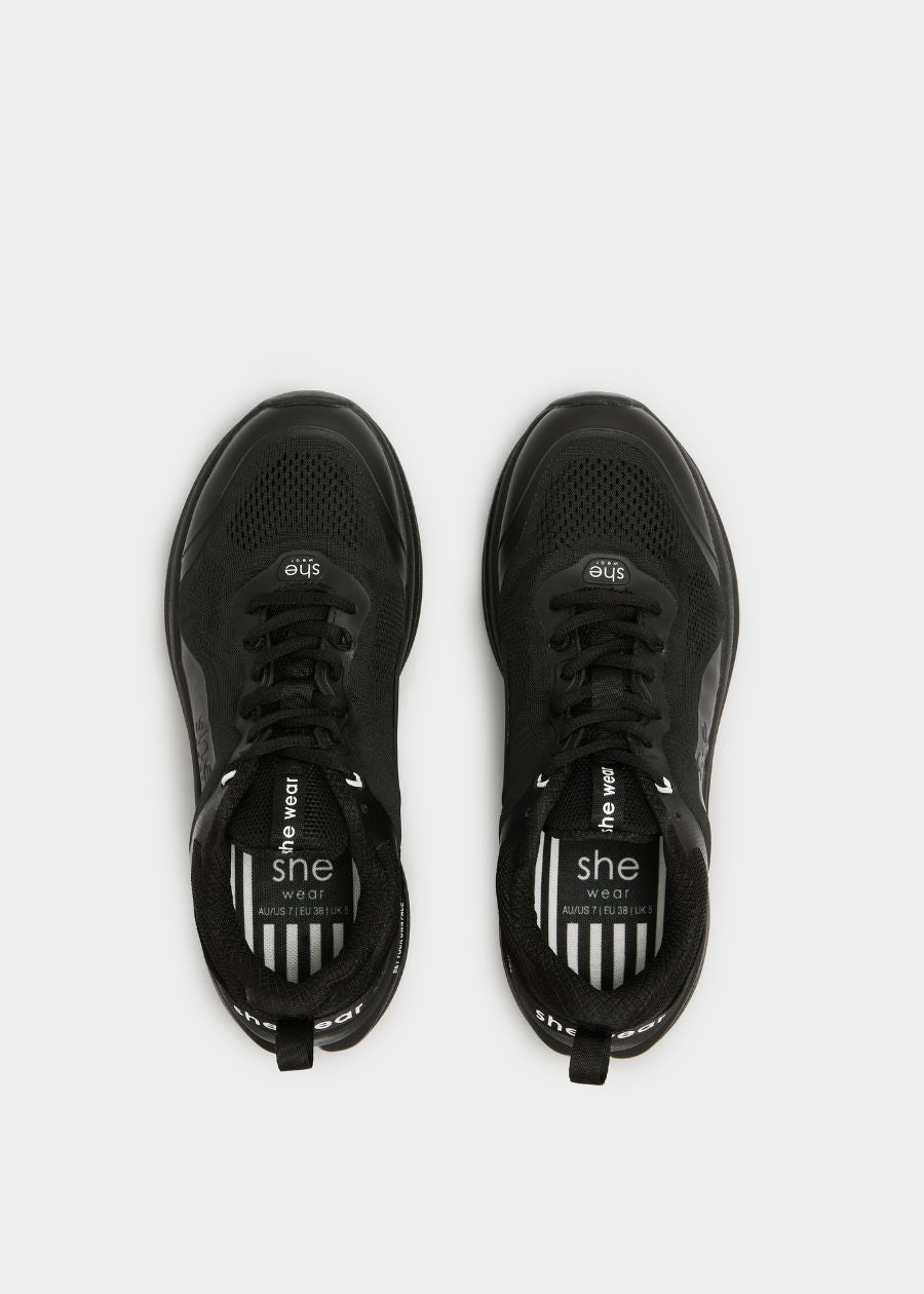 Birds eye view of vegan friendly walking shoe in black