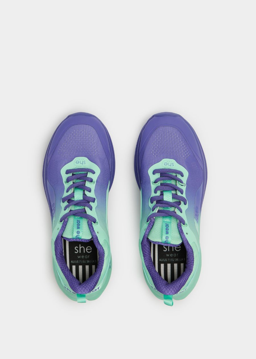 Birds eye view of Jacquard and microfibre upper on Pace walking shoe in purple and aqua.