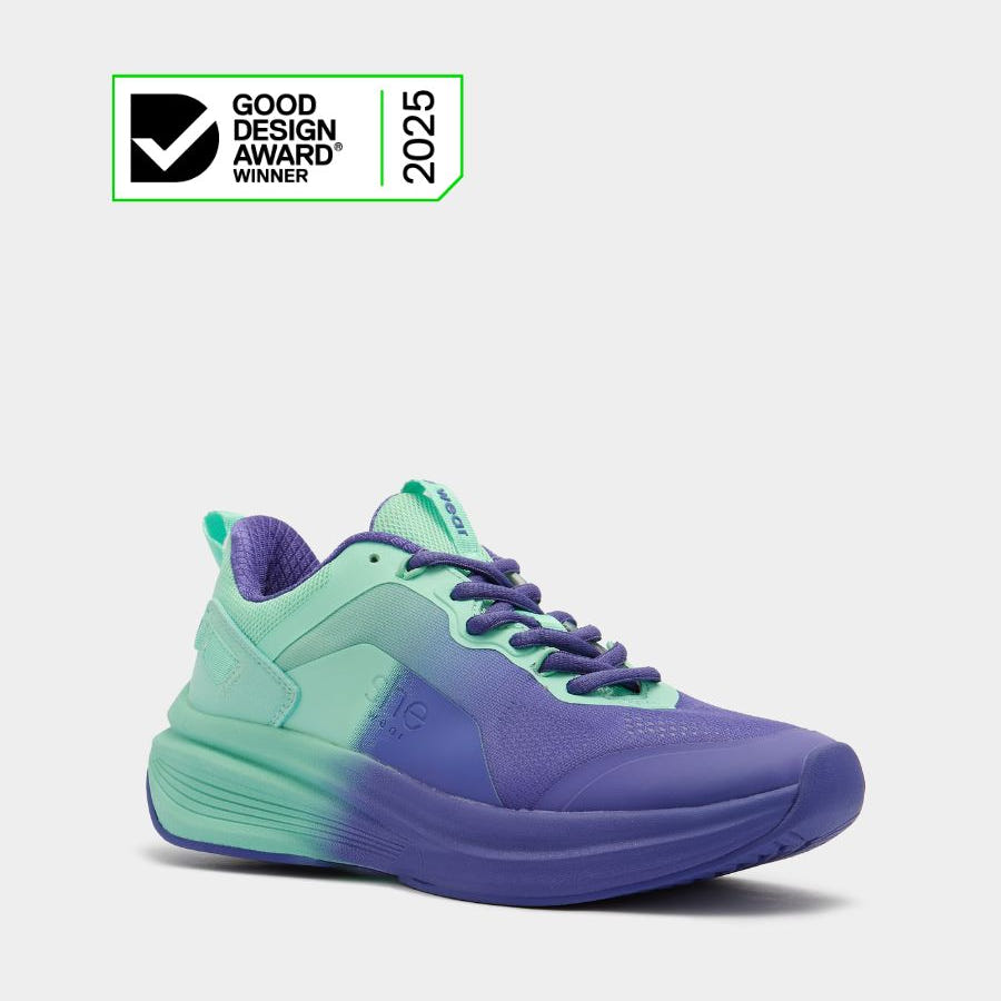 Purple and Aqua walking shoes with 2025 Good Design Award Winner badge.