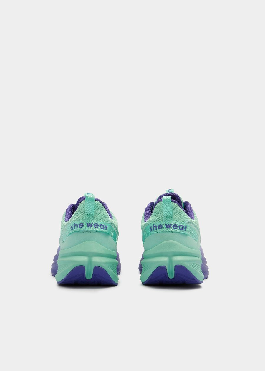 Rear view of she wear Pace women's walking shoes in mint and purple, featuring reinforced heel and dual-colour sole