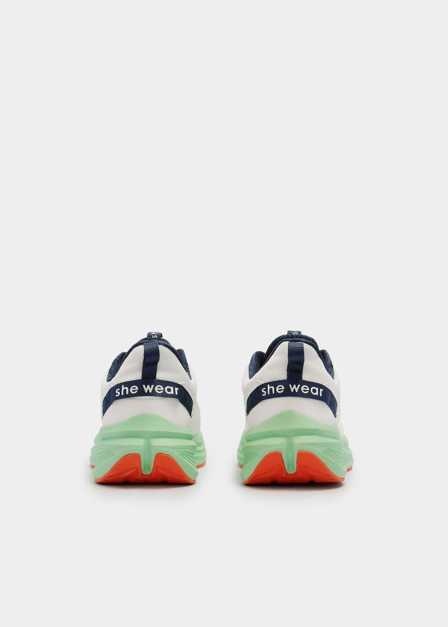 Rear view of she wear Pace women's walking shoe in white with a navy blue heel loop