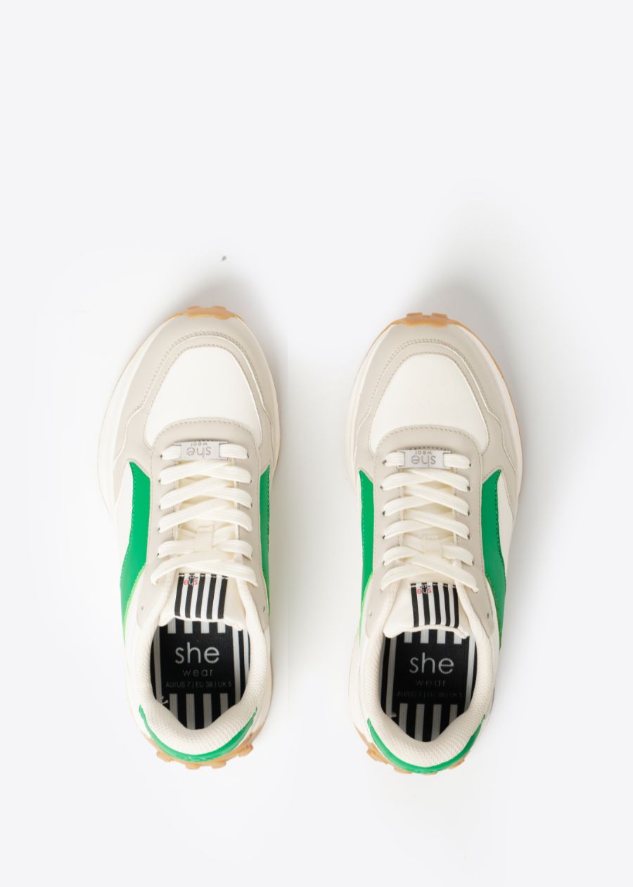 Overview of a pair of green, tan and white fashion sneakers, with a padded heel collar and breathable mesh lining