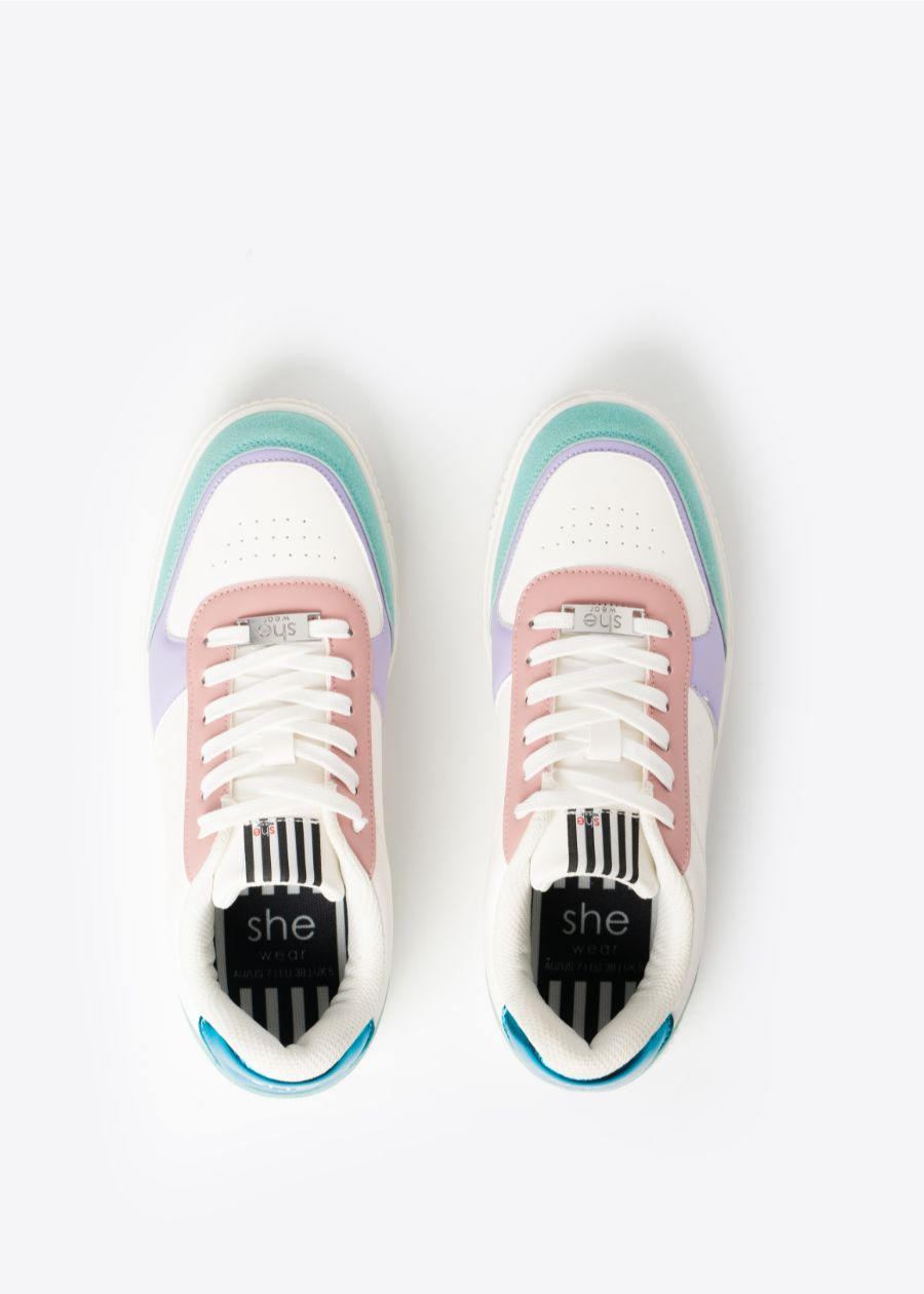 birds-eye view of a pair of multi-colour sneakers with a Post-consumer recycled microfibre upper