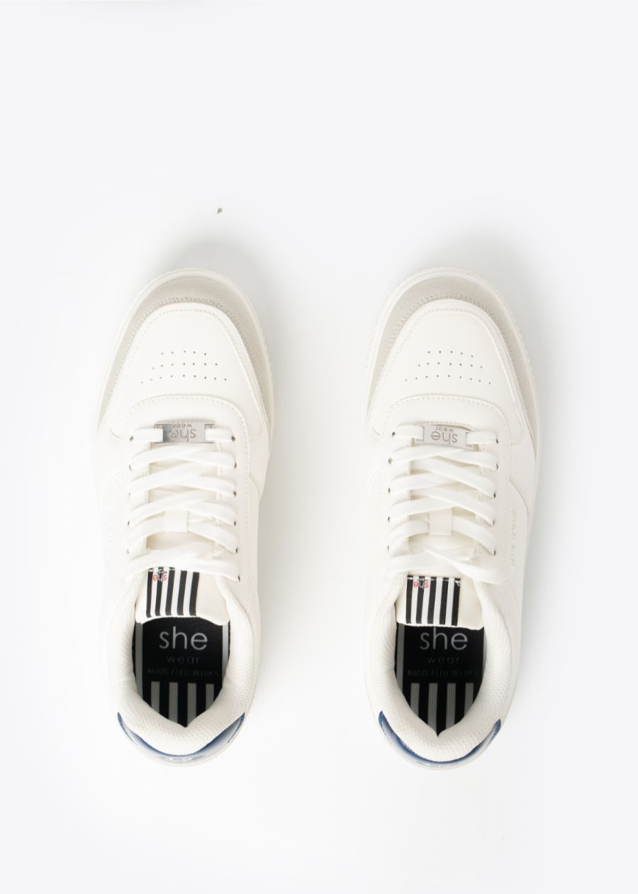 A pair of White Grey and Navy fashion sneakers with Bio mechanical anti fatigue footbed for all-day comfort