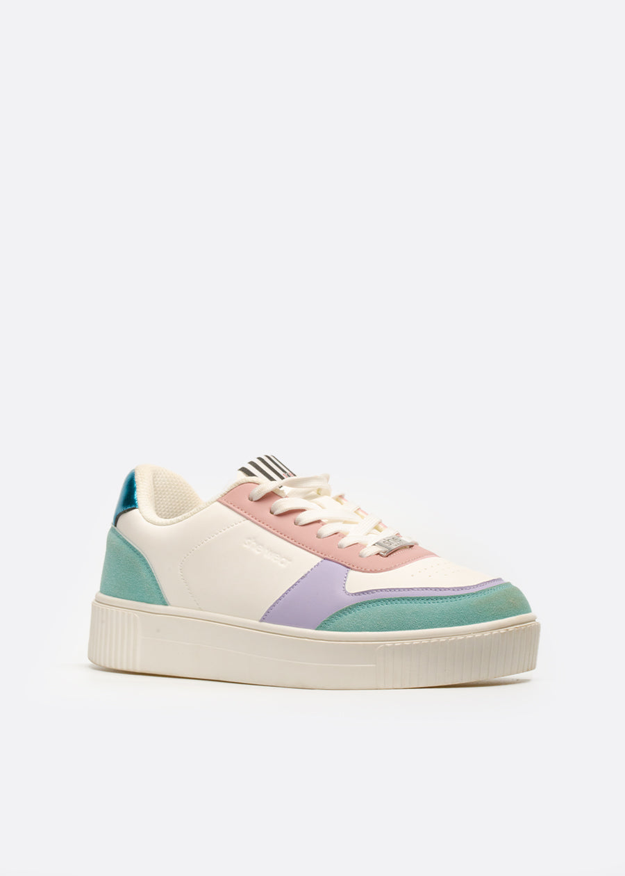 Vegan platform sneaker, white with sections of purple, green, navy and pink