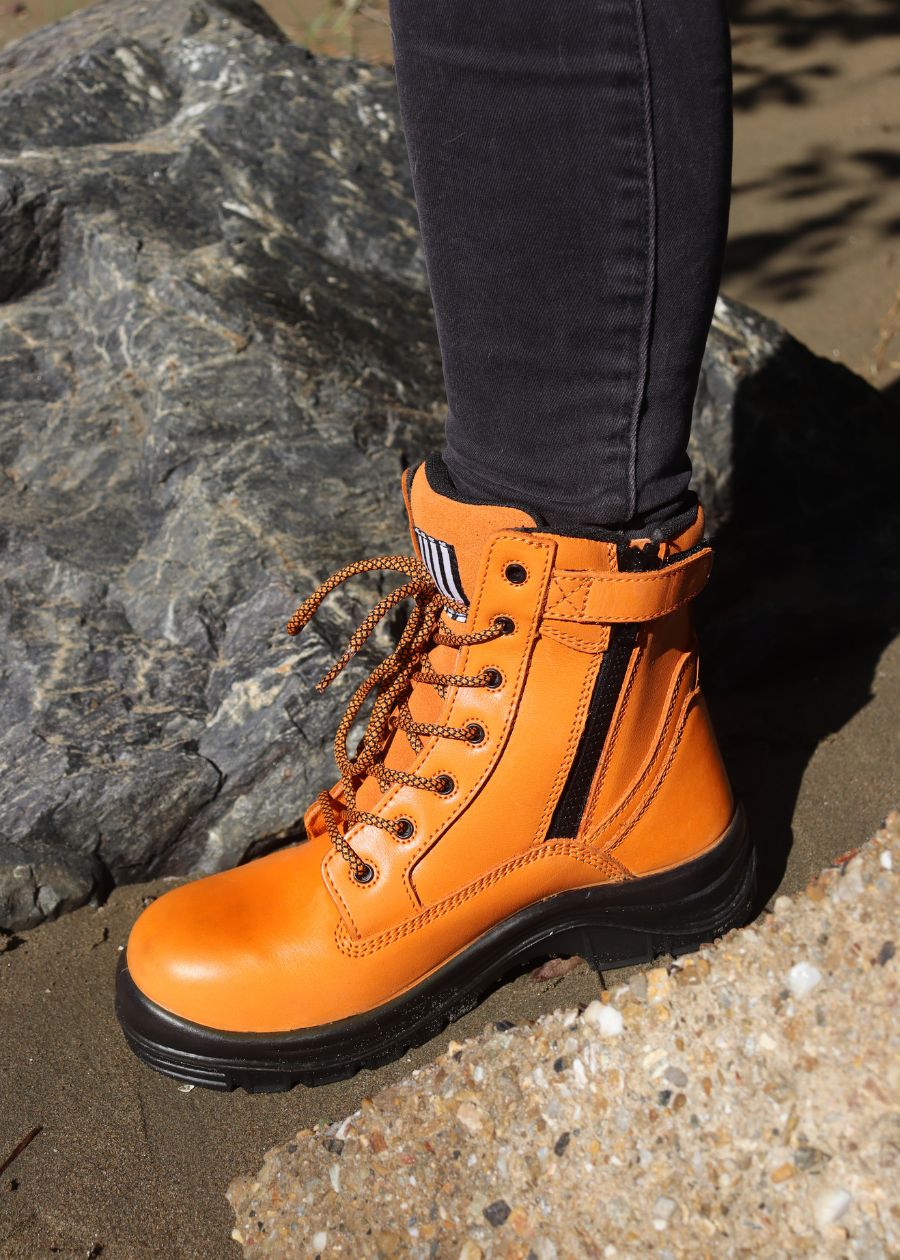 zip sided womens work boots in orange
