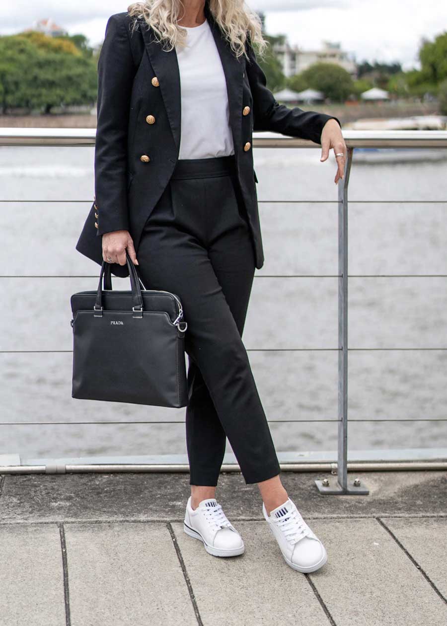 white sneakers with business suit
