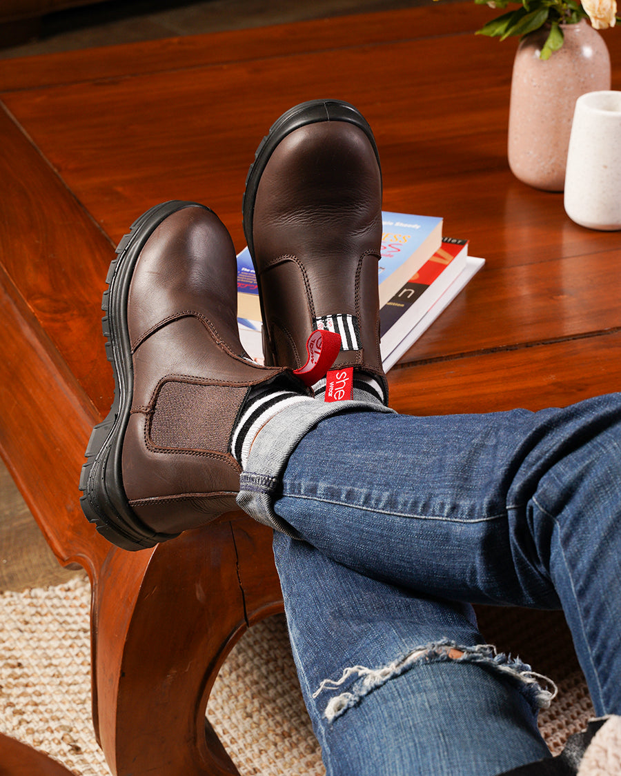 brown pull on steel caps for women