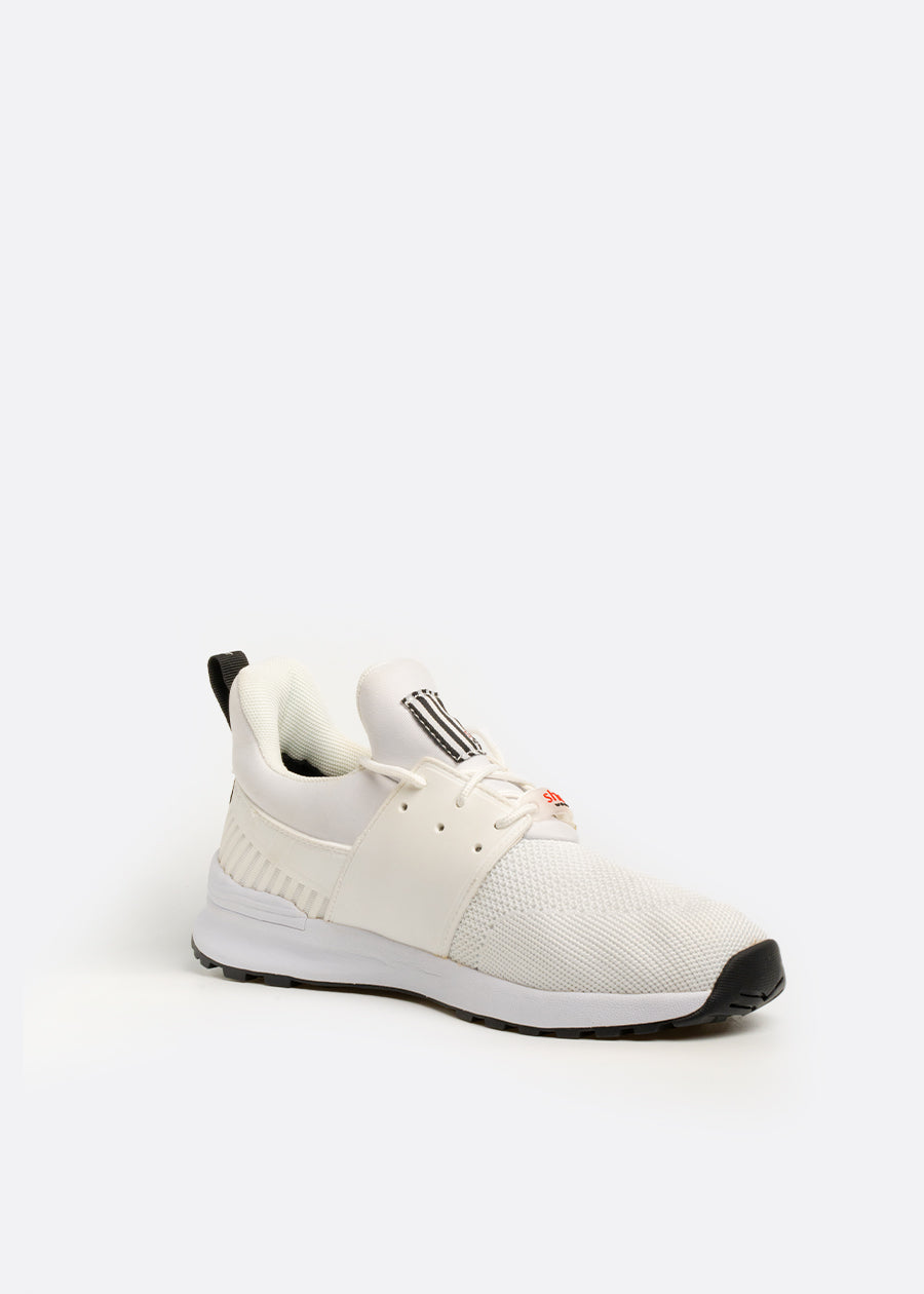 White pull on sneaker with laces and knit mesh upper