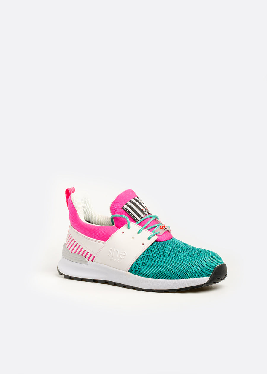 Side view of bright multi coloured vegan walking shoe with EVA midsole