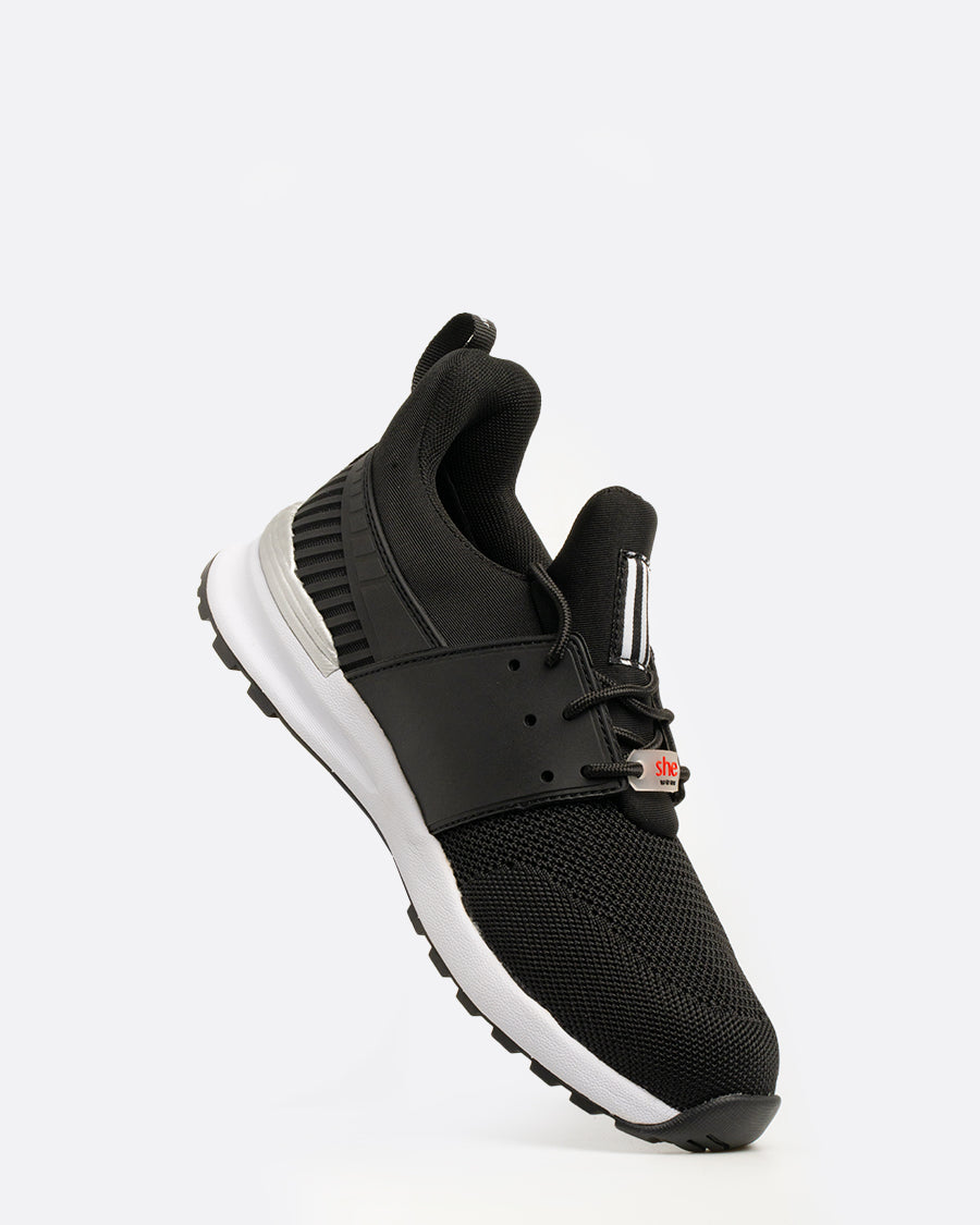 Black active sneaker made with a breathable knit mesh