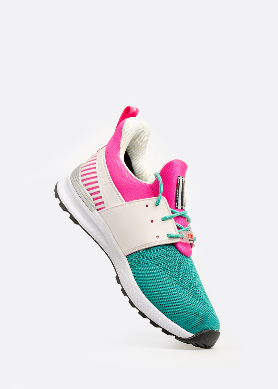 Pink White and Green active sneaker with a hardwearing rubber outsole