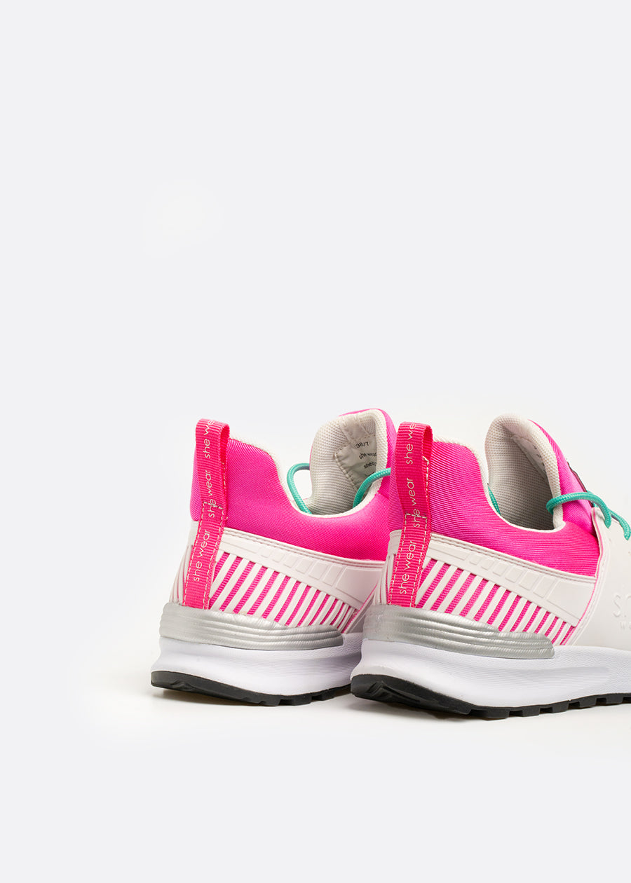 Pink heel on a pair of active sneakers with a padded heel counter