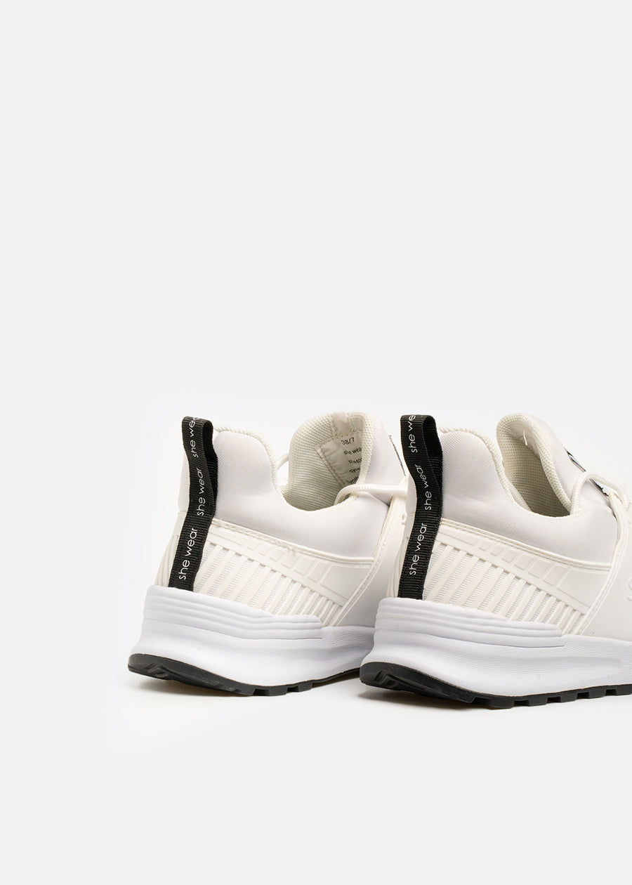 Heel view of black finger loop on white pull on sneakers