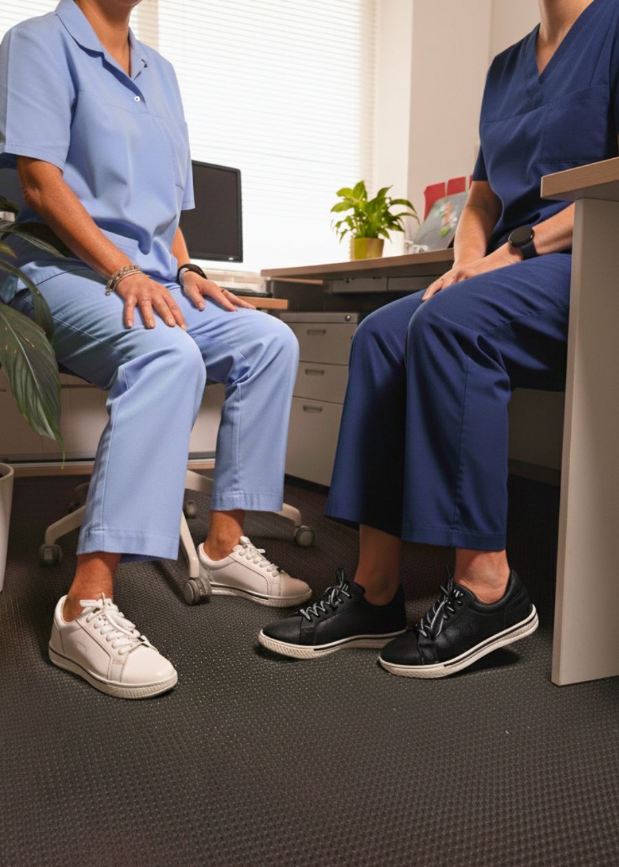 Two Nurses sitting at desk, focused on feet. Women are wearing black, and black and white, supportive sneakers.