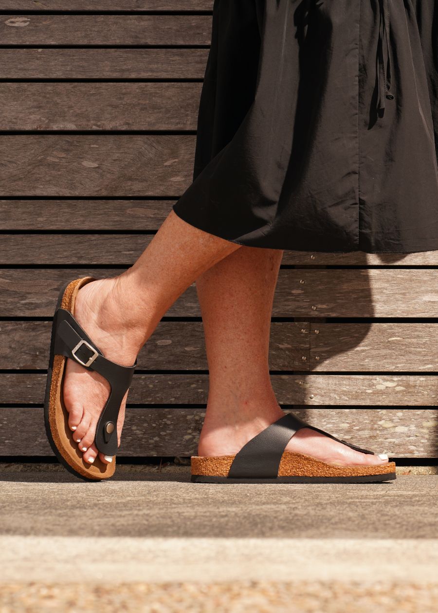 womens black arch support slides with black dress