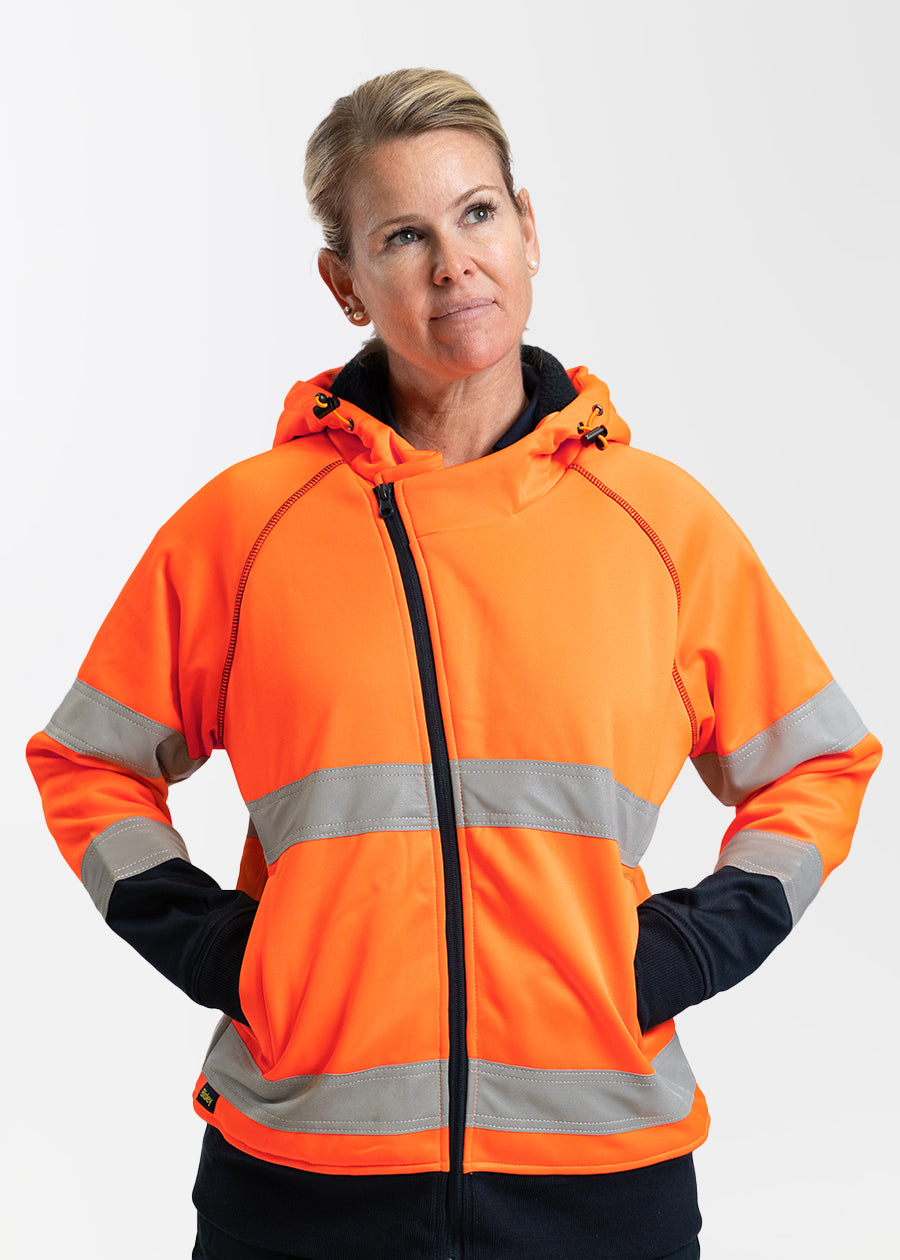 Bisley orange hi vis taped fleece zip front hoodie on a model
