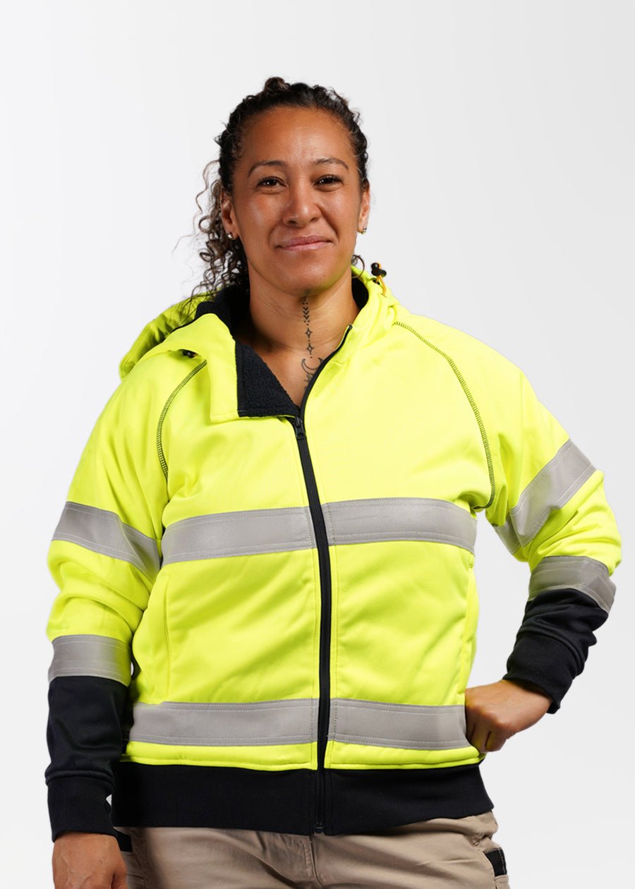 Women's hi vis taped fleece zip front hoodie - she wear