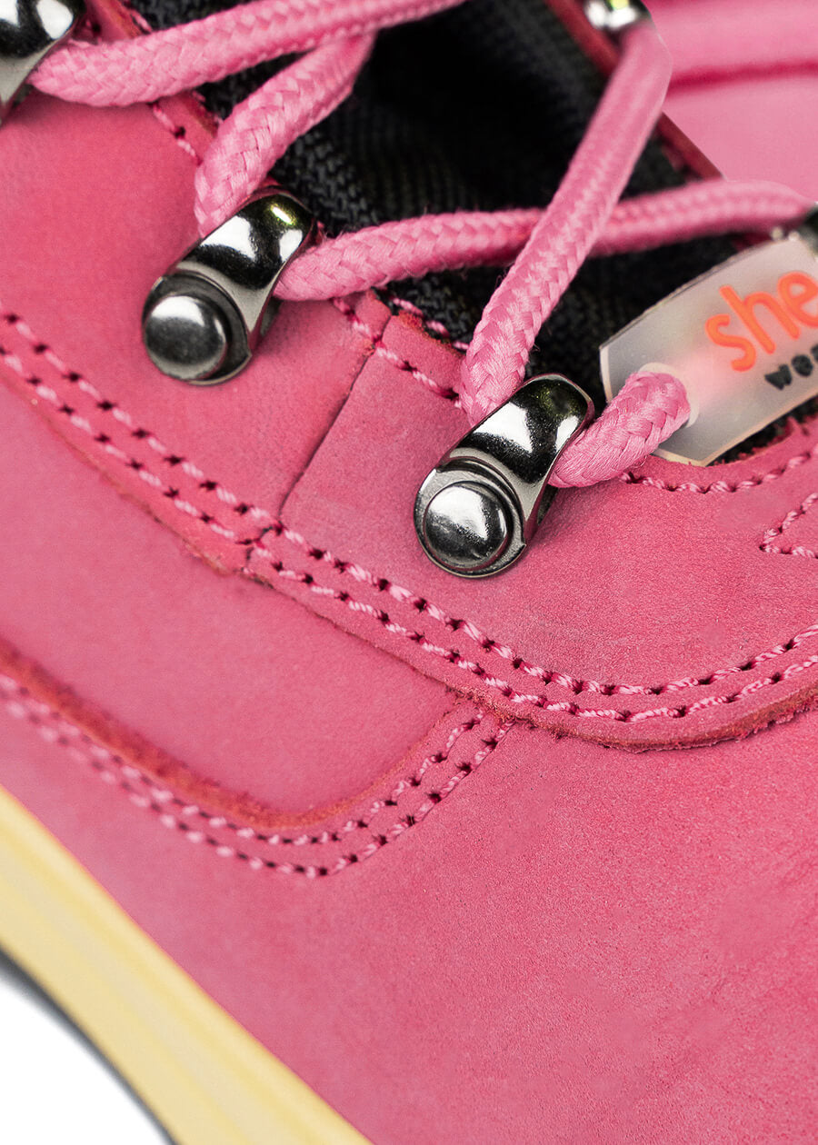 she wear lace up steel cap safety boot for women pink