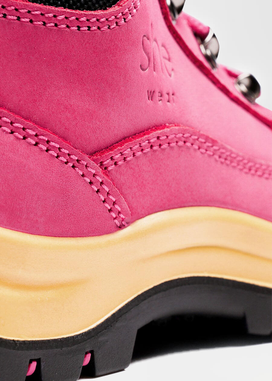 she wear lace up steel cap safety boot for women pink