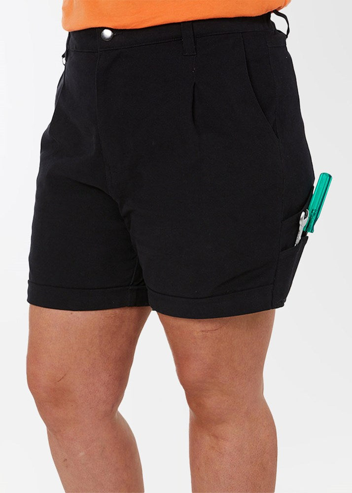 Front view of black cotton work shorts, with utensils in utensil side pocket. 