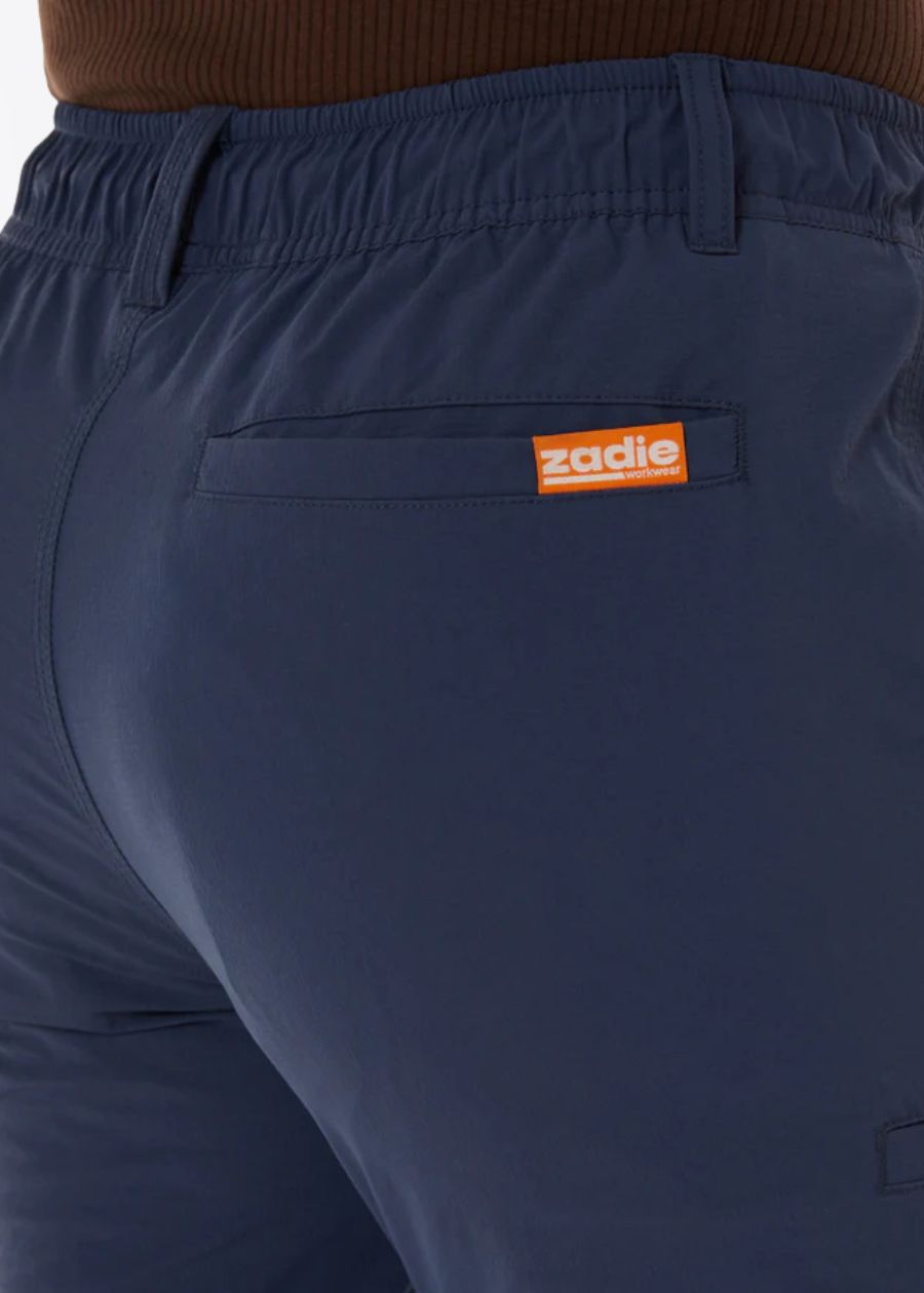 detailed view of womens work pants in navy blue