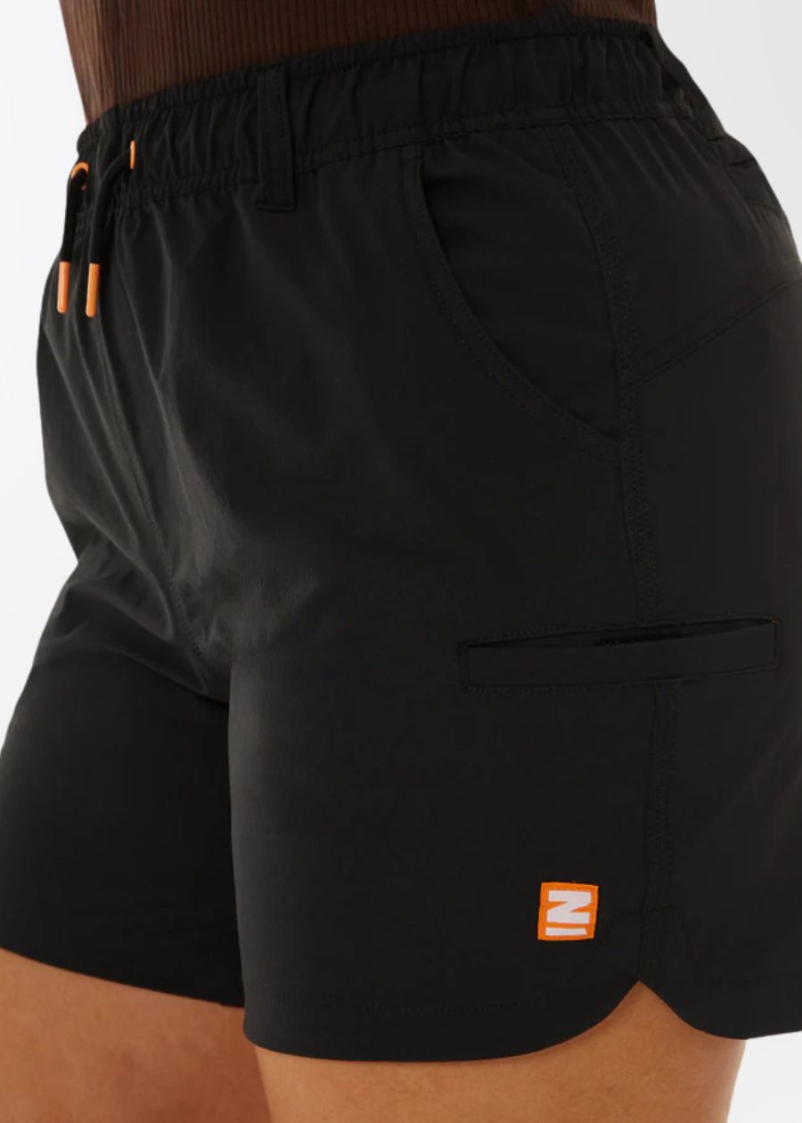 front view of womens black work shorts with elastic waist