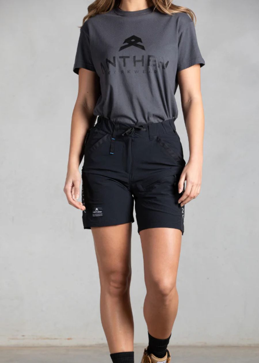 black shorts with belt loops, button and zipper closure and Triple stitched side seams