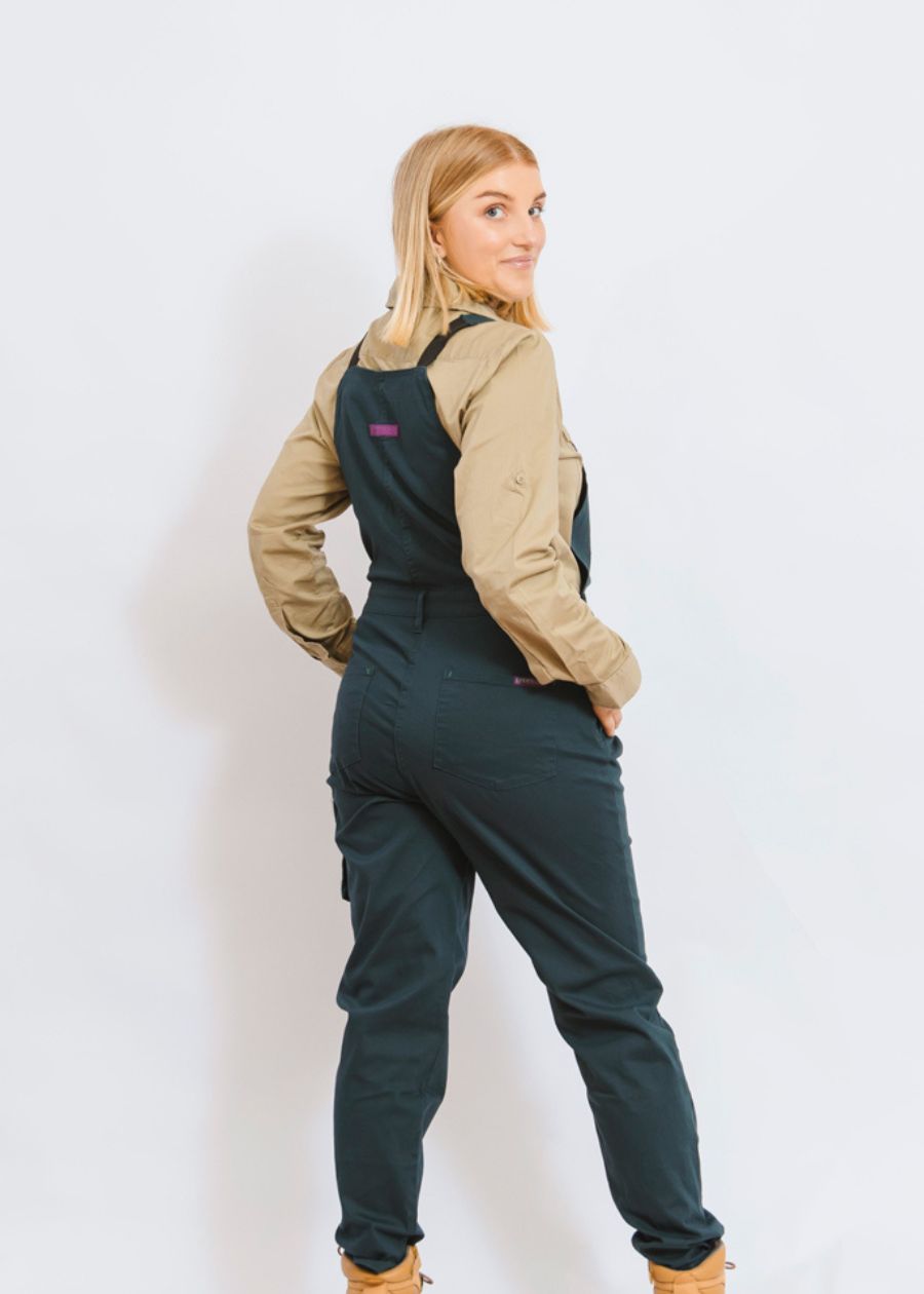 Forest green overalls worn with a sandy work shirt - pockets galore!