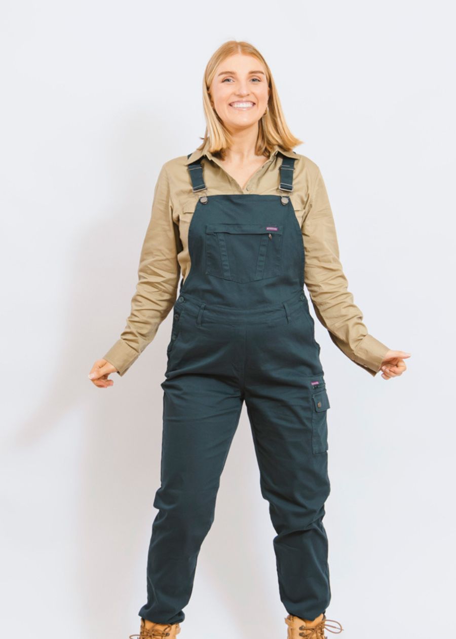 Maternity friendly overalls with adjustable waistband for extra belly room, in dark green colour