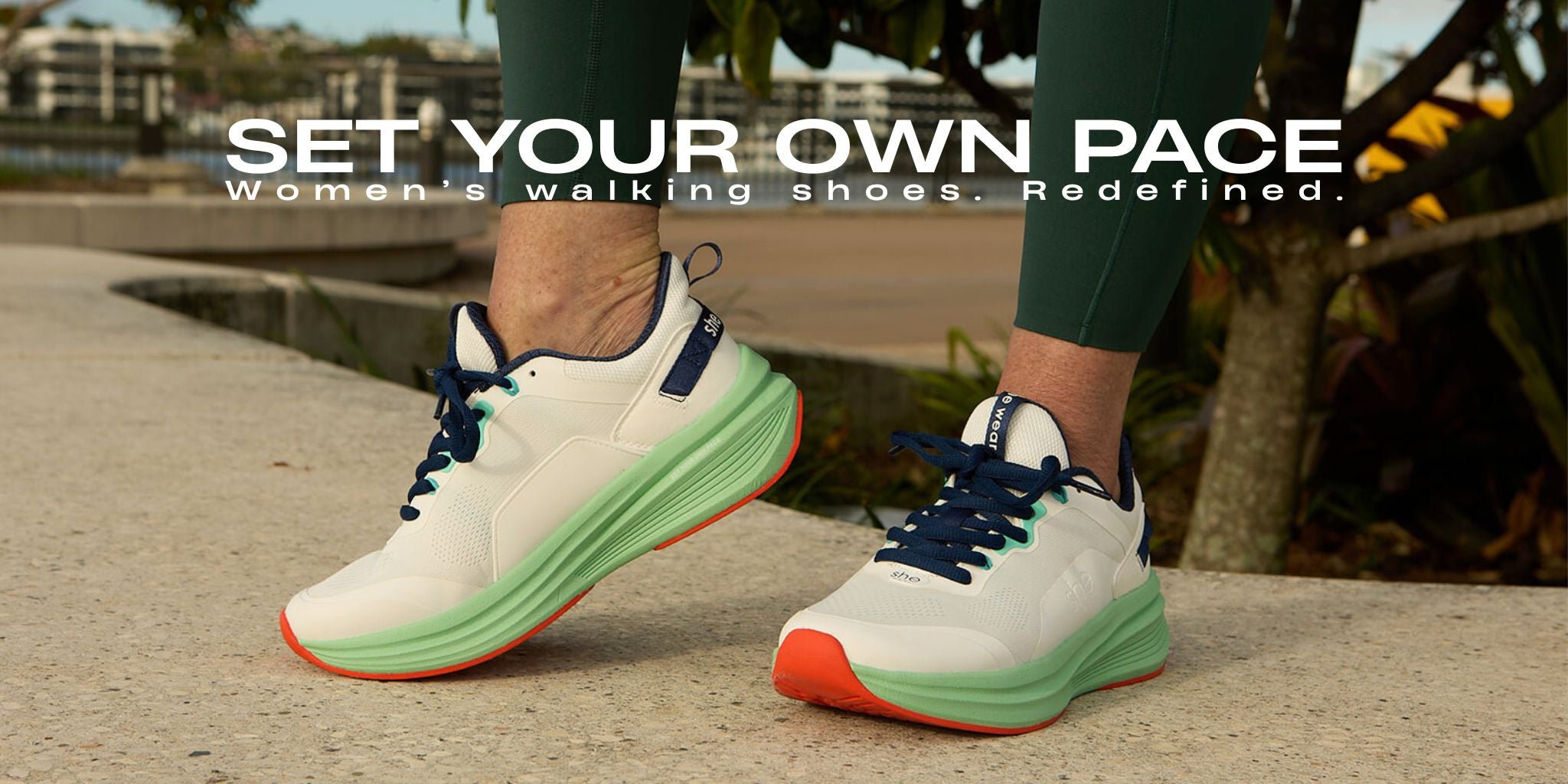 pace walking shoes on woman near walking track