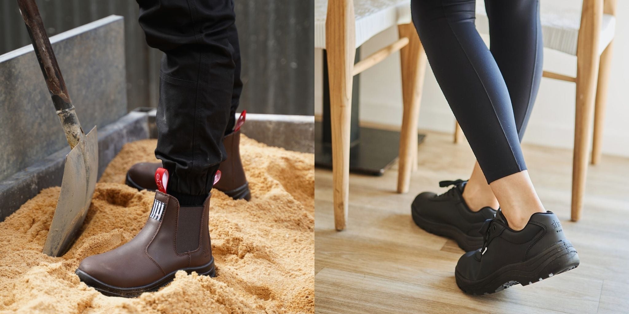 Woman on left standing in paddock in brown pull-on boots. Woman on right wearing Nurtures sneaker. 
