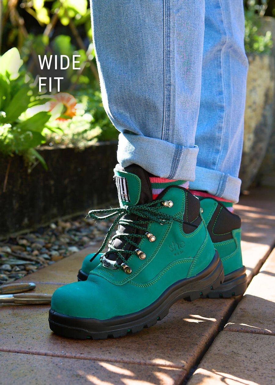 Front view of wide-fit hiker style safety boots in jade green.