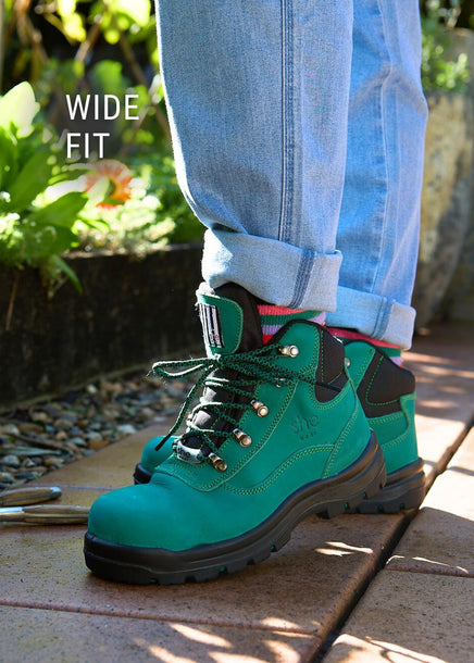 Front view of wide-fit hiker style safety boots in jade green.