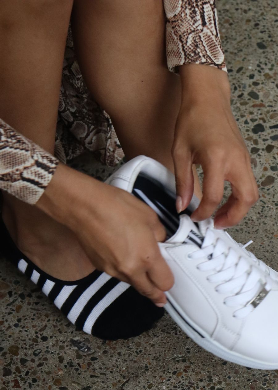 she wear organic bamboo socks with white supportive sneakers