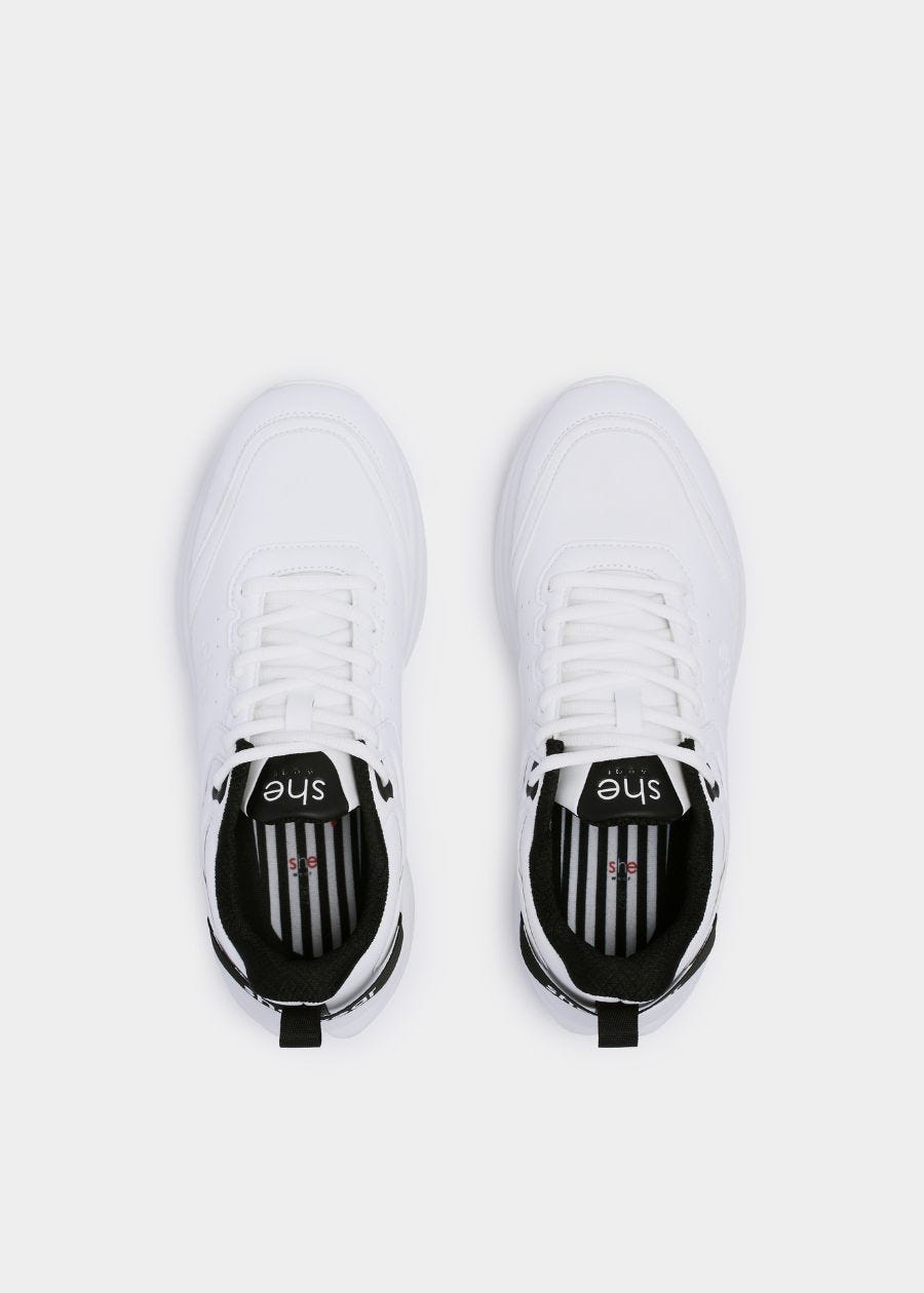Birdseye view of white walking shoe