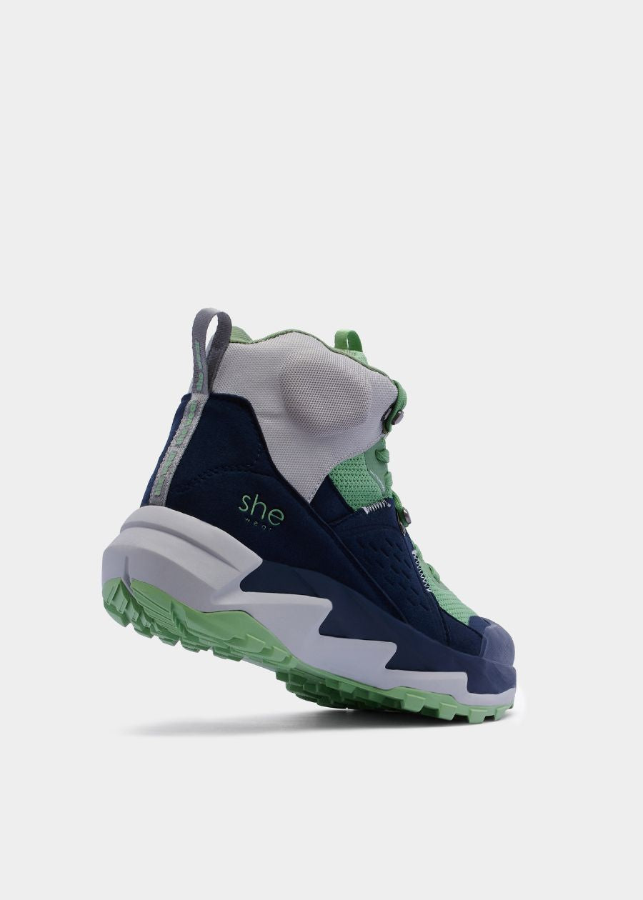 Flyknit and microfibre hiking boot with Internal moisture barrier in green and navy.