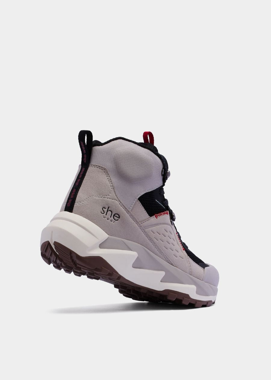 Flyknit and microfibre hiking boot with Internal moisture barrier in black and pebble stone.