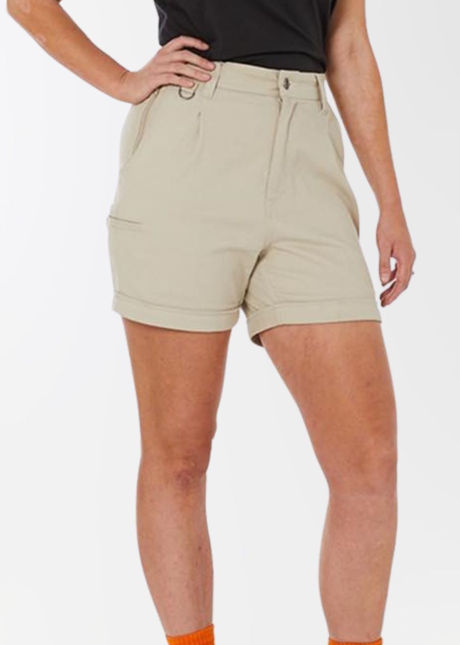 Women's high-waisted work shorts in stone colour